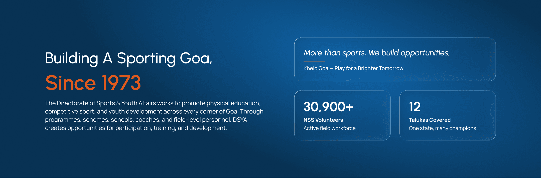Building A Sporting Goa, Since 1973. The Directorate of Sports & Youth Affairs works to promote physical education, competitive sport, and youth development across every corner of Goa. Through programmes, schemes, schools, coaches, and field-level personnel, DSYA creates opportunities for participation, training, and development. More than sports, we build opportunities. Khelo Goa — Play for a Brighter Tomorrow. 30,900+ NSS Volunteers, active field workforce. 12 Talukas covered, one state, many champions.